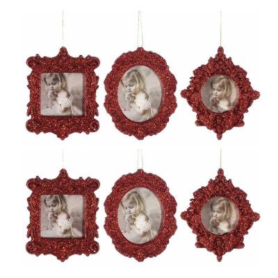 Enfeite Natalino Kit Porta Retrato Gliter Vermelho com Sistema Exclusivo para Fotos 10cm 6 Peças