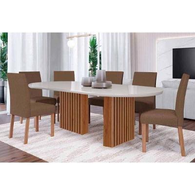 Conjunto Mesa Jantar Ester + 6 Cadeiras Maia 6 Lugares Tampo MDF com Vidro Cinamomo e Off White