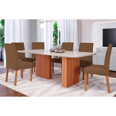 Conjunto Mesa de Jantar Ester + 6 Cadeiras Maia 6 Lugares Tampo MDF Cinamomo e Off White 180CM Cimol