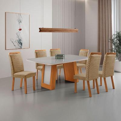 Conjunto de Jantar Carolina 6 Lugares Tampo MDF Cadeiras Estofadas Off White 180CM Moderna