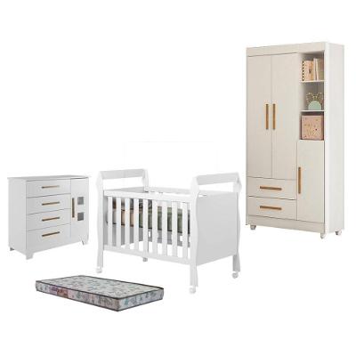 Kit Guarda Roupa Flocos Cômoda Fly Berço Soninho Colchão Sleep 3 Portas MDF Branco Acetinado Tigus