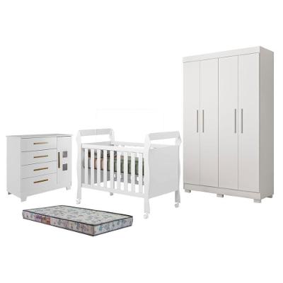 Kit Quarto de Bebê Guarda Roupa Florida com Cômoda Fly e Berço Soninho com Colchão Sleep 4P 3G MDF