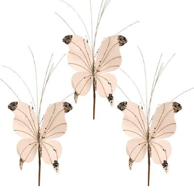 Kit Decoração Natalina Pick Natal Champanhe Full Glitter Luxo 3 Borboletas Dourado Yangzi