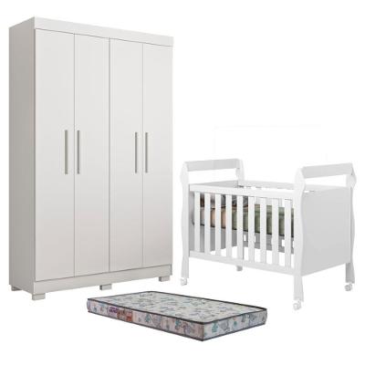 Kit Berço Americano com Guarda Roupa e Colchão Soninho 4 Portas 3 Gavetas MDF Branco Acetinado Tigus