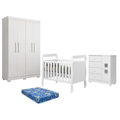 Guarda Roupa Infantil Florida com Cômoda Life e Berço Soninho Branco Acetinado 4 Portas 3 Gavetas