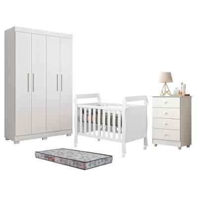 Guarda Roupa Infantil com Berço Americano e Colchão Florida com Gaveteiro Soft 4 Portas 3 Gavetas