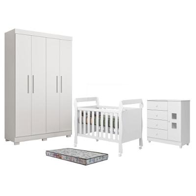 Quarto Completo Guarda Roupa + Cômoda + Berço + Colchão 4 Portas 3 Gavetas MDF Branco Acetinado