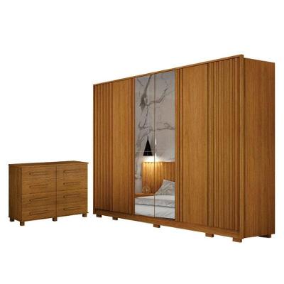 Guarda Roupa Casal Evo 6 Portas Com Espelho Cinamomo Com Cômoda San Marino 8 Gavetas Cinamomo