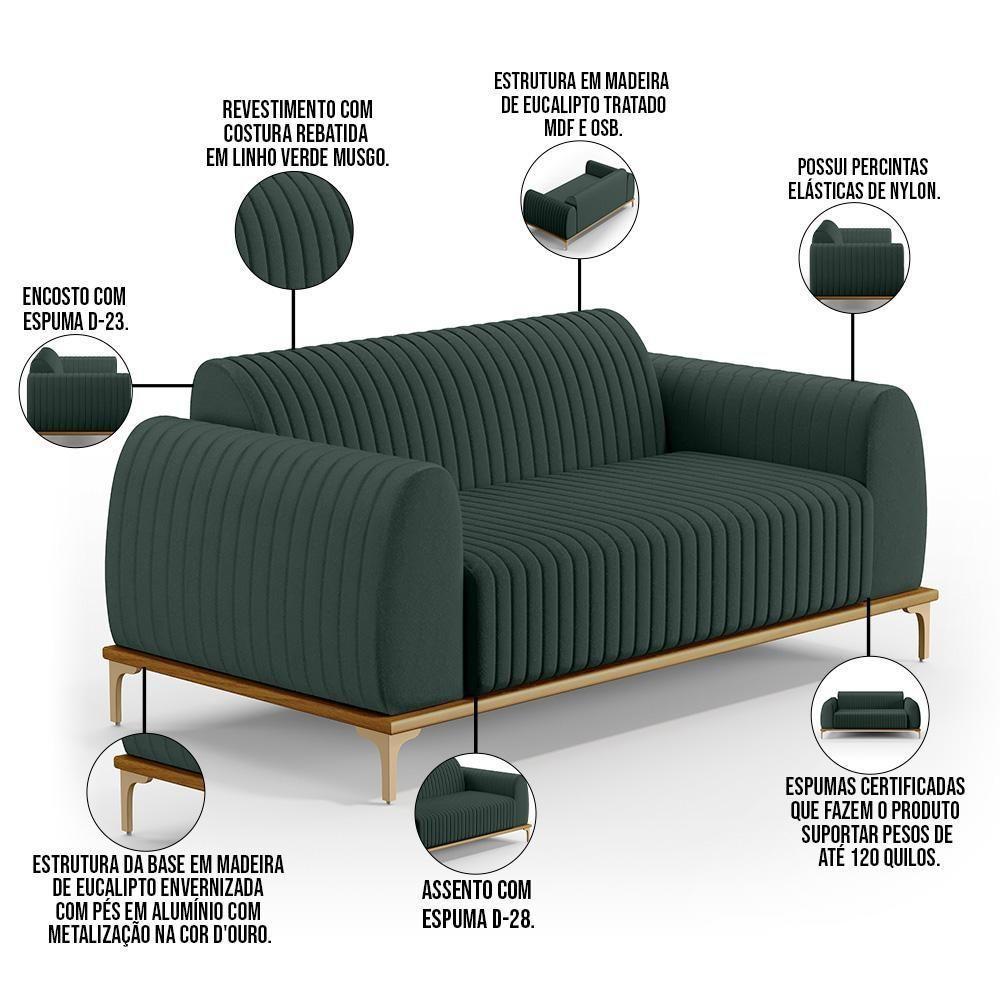 Sofá 2 Lugares Molino 150 Cm Pés D'ouro Verde Musgo C-117 - 5