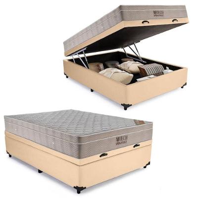 Cama Baú Casal com Colchão Airtech Molas Ensacadas Courino Bege Ortobom 138CM
