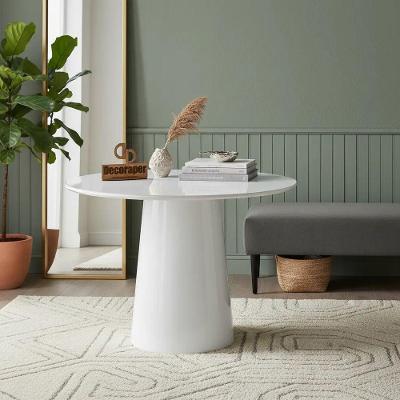 Mesa de Canto Cone Laqueado Redondo Vidro Madeira Maciça 60CM Branco