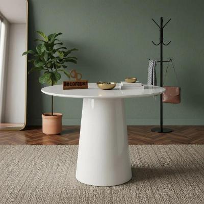 Mesa de Canto Cone Laqueado Redondo Vidro Madeira Maciça 50CM Off White