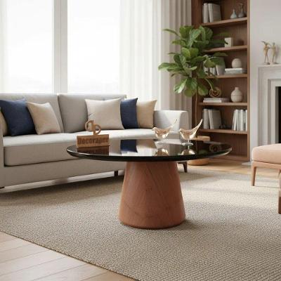 Mesa de Centro Mesa de Centro com Vidro 70CM Base Cone Envernizada Redondo MDF Preto Decoraper