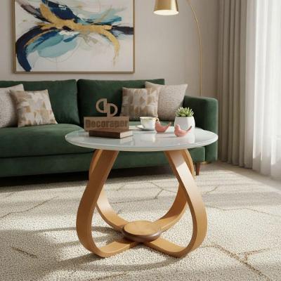 Mesa de Centro Cebola Redonda Vidro MDF Madeira 50CM Off White Decoraper Laqueado