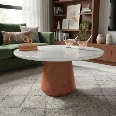 Mesa de Centro Base Cone Redonda Vidro MDF 70CM Off White Decoraper