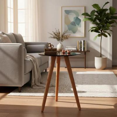 Mesa de Canto Tripé Redonda Vidro Madeira Maciça 35CM Preto Decoraper