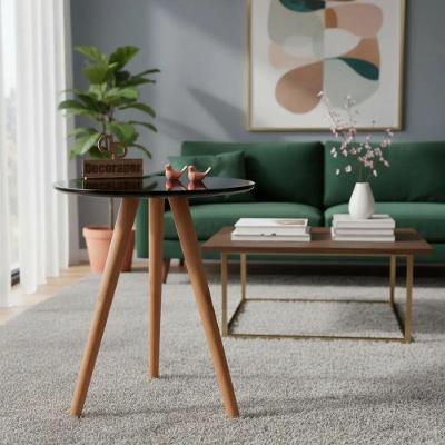 Mesa de Canto Redondo Vidro Madeira Maciça 50CM Preto Decoraper