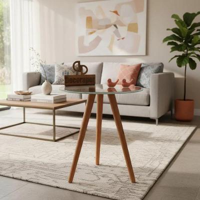 Mesa de Canto Redondo MDF Madeira Maciça 60CM Off White Decoraper