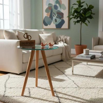Mesa de Canto Redondo MDF Laqueado Madeira Maciça 60CM Espelho Off White Decoraper