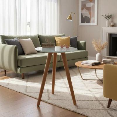 Mesa de Canto Redondo com Tampo em Vidro e Pés Palito 35CM Off White Decoraper