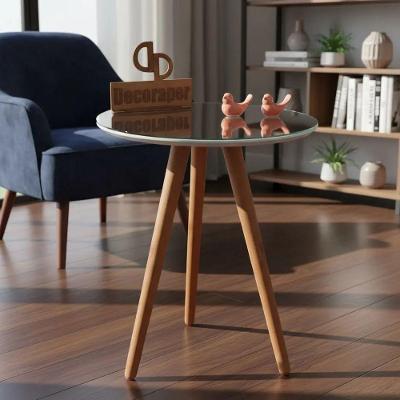 Mesa de Canto Pés Palito com Espelho Redondo MDF Madeira Maciça 60CM Branco Decoraper
