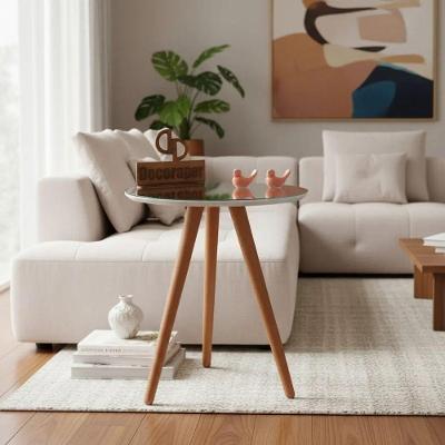 Mesa de Canto Pés Palito com Espelho Redondo MDF Madeira 60CM Branco Decoraper