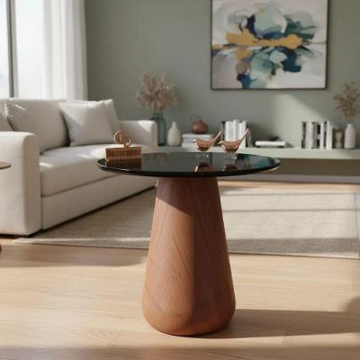 Mesa de Canto Cone Redondo Vidro Madeira 70CM Amadeirado Decoraper