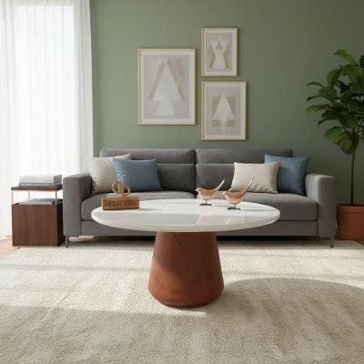 Mesa de Centro com Vidro 80cm Base Cone Envernizada Redondo MDF 80CM Branco Decoraper