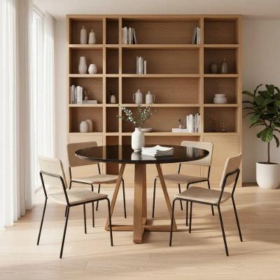 Mesa de Jantar Base X 6 Lugares Redonda MDF Laqueado com Vidro Preto Decoraper
