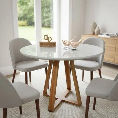 Mesa de Jantar Base X 6 Lugares Redonda MDF Laqueado com Vidro 120CM Decoraper