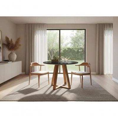 Mesa de Jantar Base X 4 Lugares Redonda MDF Laqueado com Vidro Preto Decoraper