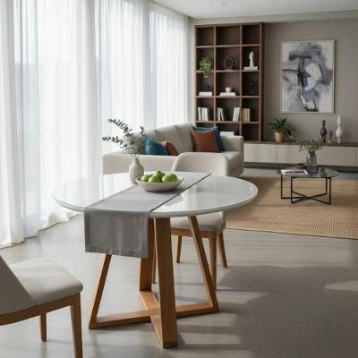 Mesa de Jantar Base X 4 Lugares Redonda MDF Laqueado com Vidro 110CM Branco