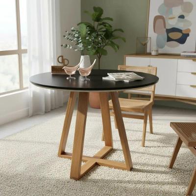 Mesa de Jantar Base X 4 Lugares Redonda MDF Laqueado com Vidro Preto Decoraper