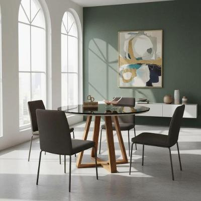Mesa de Jantar Base X 4 Lugares Redonda com Vidro 110CM Preto Decoraper