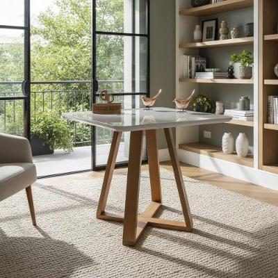 Mesa de Jantar Base X 4 Lugares Quadrada MDF Laqueado com Vidro Off White Decoraper