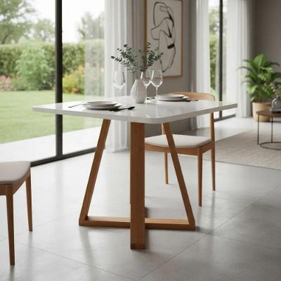 Mesa de Jantar Base X 4 Lugares Quadrada MDF Laqueado com Vidro Branco Decoraper