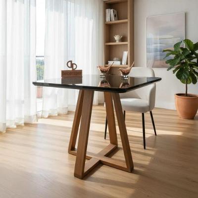 Mesa de Jantar Base X 4 Lugares Quadrada MDF Laqueado com Vidro 100CM Preto