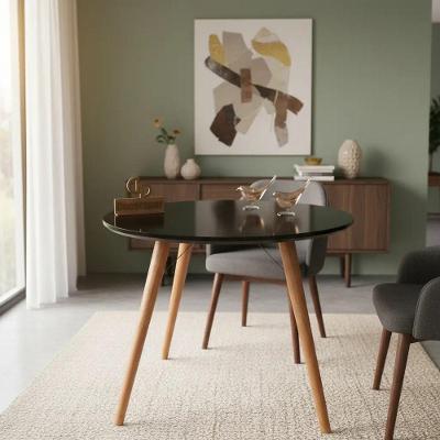 Mesa de Jantar 4 Lugares Redonda MDF Laqueado com Vidro 80CM Preto Decoraper
