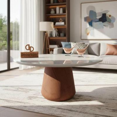 Mesa de Centro Mesa de Centro com Vidro Redondo MDF Vidro Base Cone Envernizada 70CM Off White