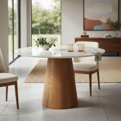 Mesa de Jantar Cone 4 Lugares Redonda MDF Laqueado com Vidro Branco Decoraper