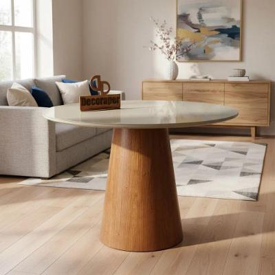 Mesa de Jantar Cone 4 Lugares Redonda com Vidro 90CM Off White Decoraper