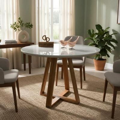 Mesa de Jantar Base X 4 Lugares Redonda MDF Laqueado com Vidro Off White Decoraper