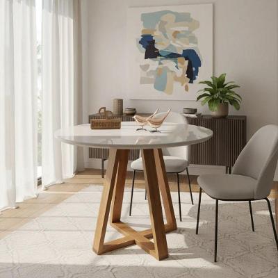 Mesa de Jantar Base X 4 Lugares Redonda MDF Laqueado com Vidro Off White Decoraper