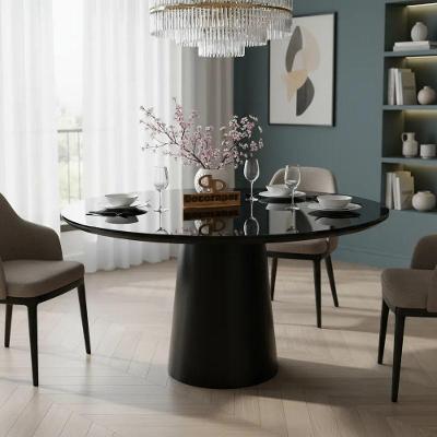 Mesa de Jantar Cone Laqueado 4 Lugares Redonda com Vidro 110CM Preto Decoraper