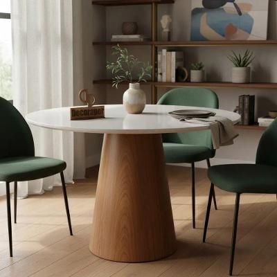 Mesa de Jantar Cone Verniz 4 Lugares Redonda Laqueada com Vidro 90CM Branco