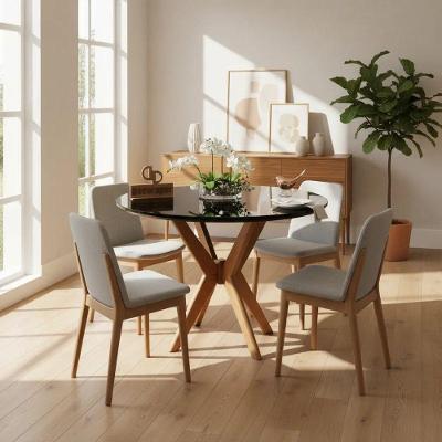 Mesa de Jantar Pandora 6 Lugares Redonda MDF Laqueado com Vidro 120CM Preto