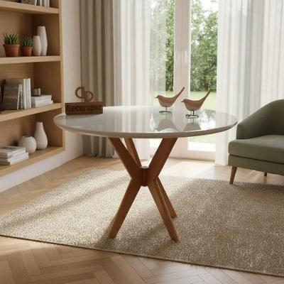 Mesa de Jantar Pandora 6 Lugares Redonda Laqueada com Vidro 120CM Off White Decoraper