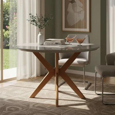 Mesa de Jantar Pandora 6 Lugares Redonda Laqueada com Vidro 110CM Off White