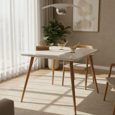 Mesa de Jantar Pés Palitos 4 Lugares Quadrada Tampo MDF Laqueado com Vidro 90CM Off White