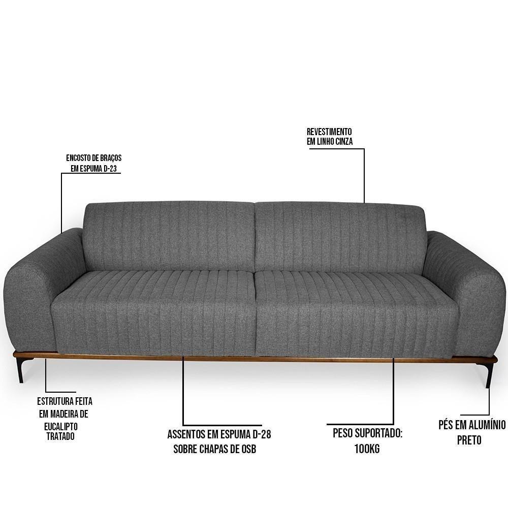 Sofá 3 Lugares Para Sala De Estar Molino 230 Cm Cinza C-416 - 5